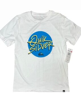 Quiksilver White Blue Graphic Surf Logo Short Sleeve Shirt Boys Small 10 NWT